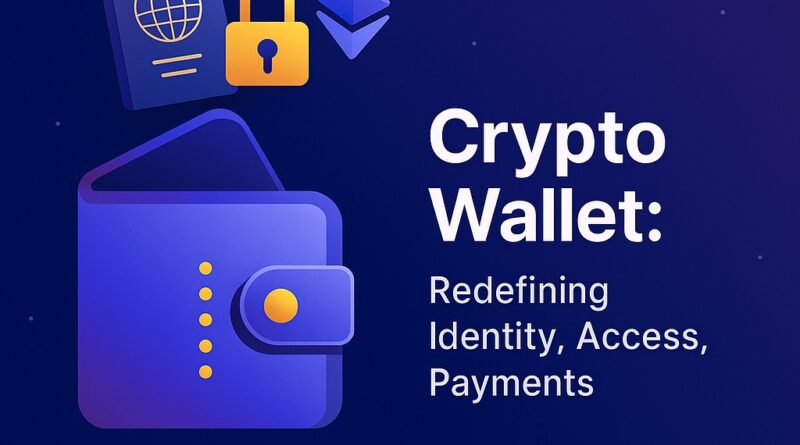 Crypto Wallet showing a smartphone with a holographic digital ID card, ENS tag 'alice.eth', translucent globe with interconnected network lines and icons for payments, identity, and NFTs, biometric fingerprint overlay; deep blue-to-teal gradient background with violet and gold accents.