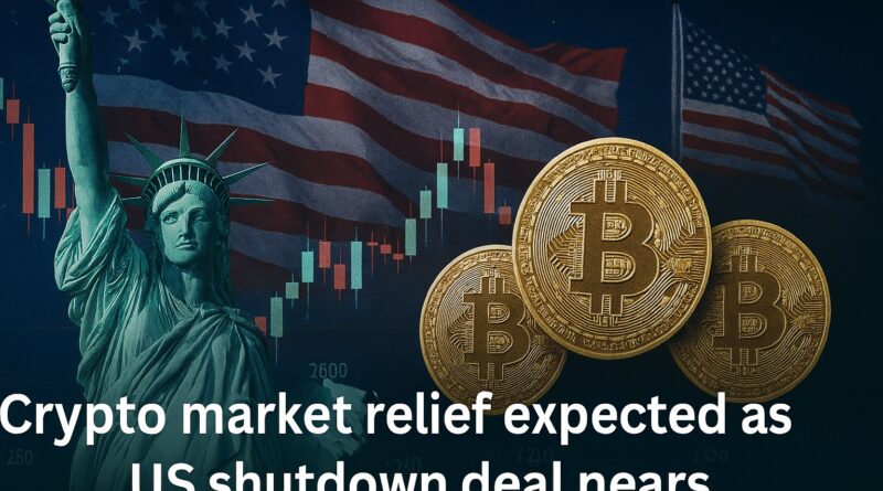 Crypto market relief; gold coin with blockchain circuit pattern; smaller silver and teal altcoins; US Capitol silhouette under clearing storm clouds; faint financial chart with green upward trend line; warm sunrise glow; editorial cinematic style; space for headline