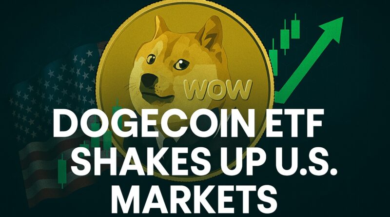 Dogecoin ETF featured image showing a central golden Dogecoin with Shiba Inu face over a muted Wall Street skyline, ticker tape and candlestick chart indicating volatility, headline "Dogecoin ETF Shakes Up U.S. Markets" centered.
