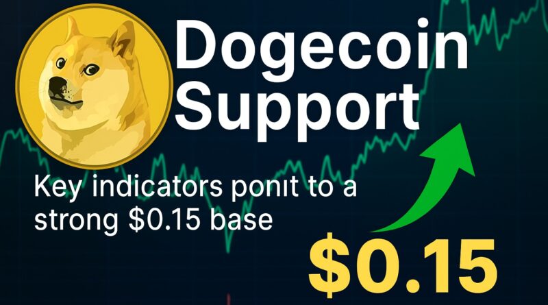 Dogecoin Support - centered headline with Dogecoin Shiba icon, upward price line and highlighted $0.15 support line, whale silhouette and stacked coins on a dark teal gradient background.