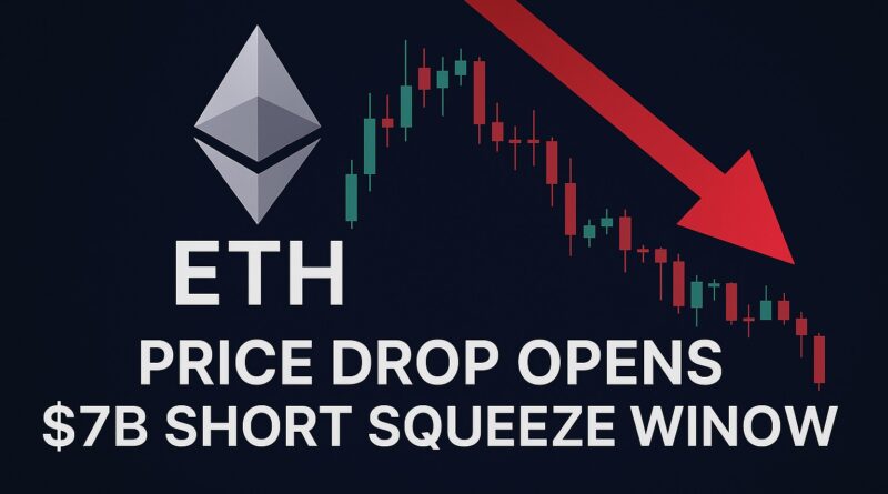 ETH Price sharp drop to ~$3,000 with candlestick chart, red downward arrow and headline "PRICE DROP OPENS $7B SHORT SQUEEZE WINDOW".