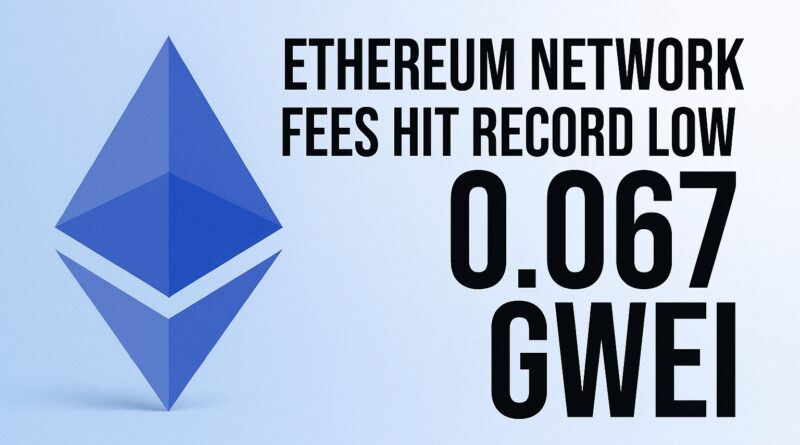 Ethereum network fees drop to a record low of 0.067 Gwei; stylized blue crystalline ether gem; near-zero gas gauge labeled 0.067 Gwei; downward candlestick chart showing sharp decline; floating L2 nodes indicating layer-2 migration.