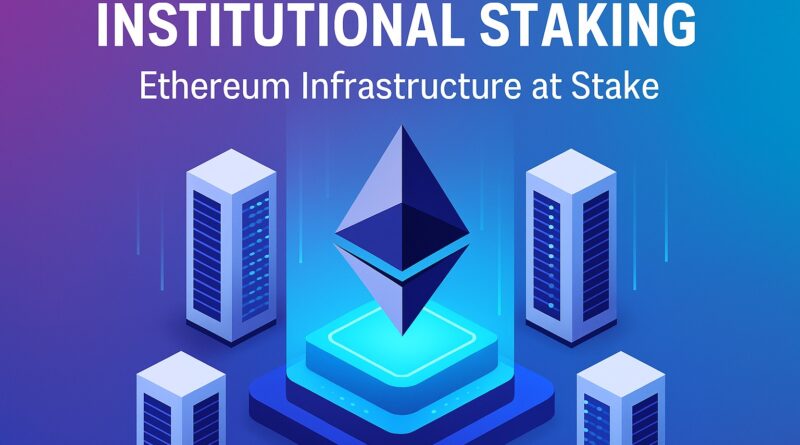 Institutional Staking, isometric illustration of an institutional building and secure server racks connected by glowing teal and gold lines to diverse validator nodes across a stylized globe, conveying decentralisation and resilience and leaving space for a headline.
