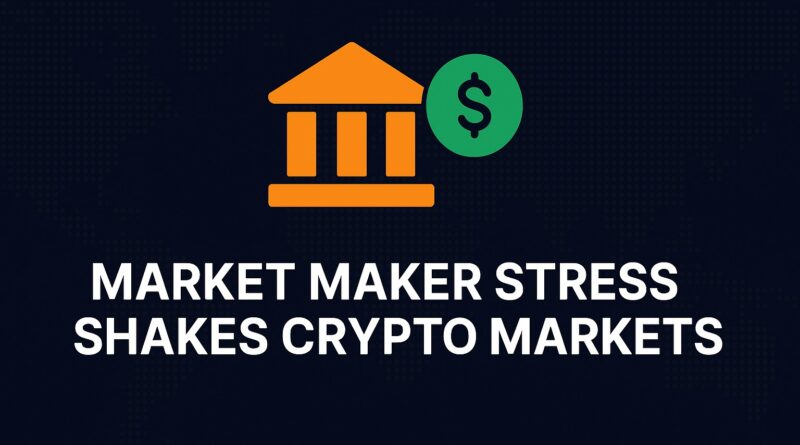 Market Maker balance-sheet stress illustrated by a cracked ledger with a red downward candlestick and thinning order-book, Bitcoin and Ethereum icons faded below.