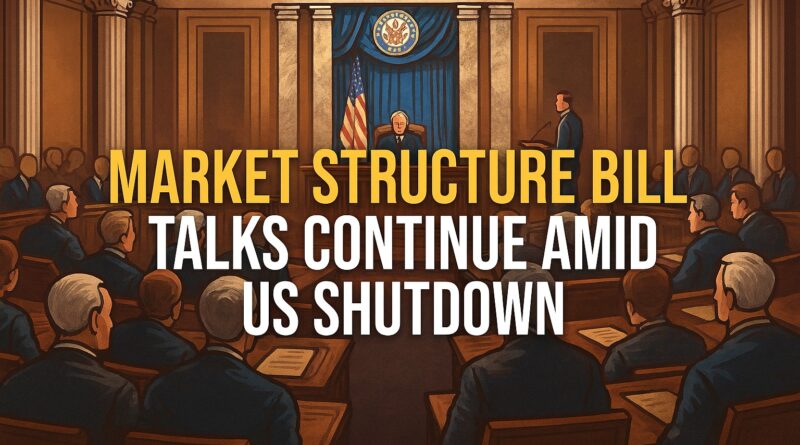 Market Structure Bill talks continue in the Senate chamber during the US government shutdown, showing senators, the presiding officer, and a speaker at a podium beneath the Senate seal and American flag