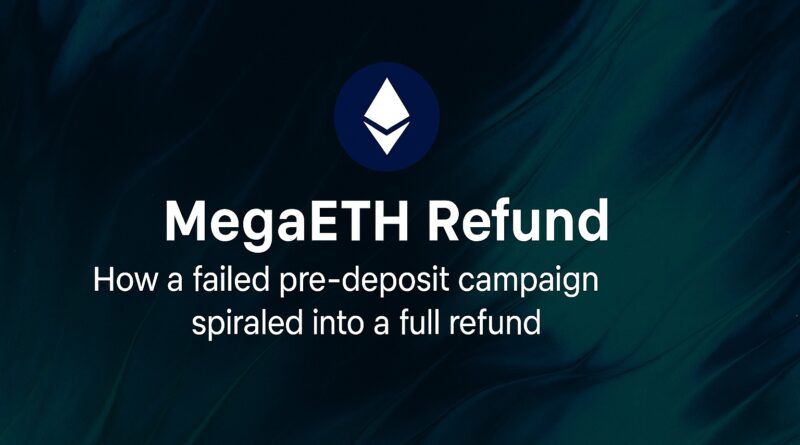 MegaETH Refund: cracked digital piggy bank made of fragmented Ethereum logos with a bold "$500M" overlay, multisig warning icon and refund arrow centered against a blurred error dashboard background.