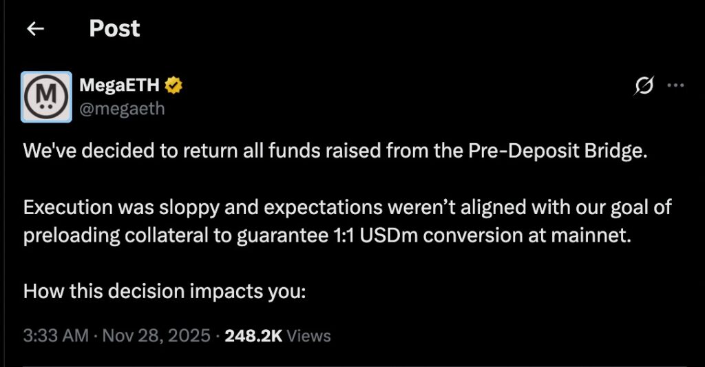 MegaETH Refund announcement screenshot showing the official post where the team admits sloppy execution and confirms all pre-deposit funds will be returned.