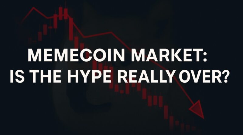 Memecoin Market showing a bold centered headline over a faded candlestick chart and a descending red arrow, with desaturated meme-coin icons and falling coin particles.