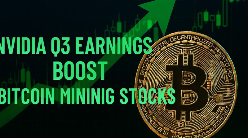 Nvidia Q3: stylized GPU server rack with glowing GPUs, a golden bitcoin coin in front, and an upward-trending stock chart behind on a blue-purple gradient background.