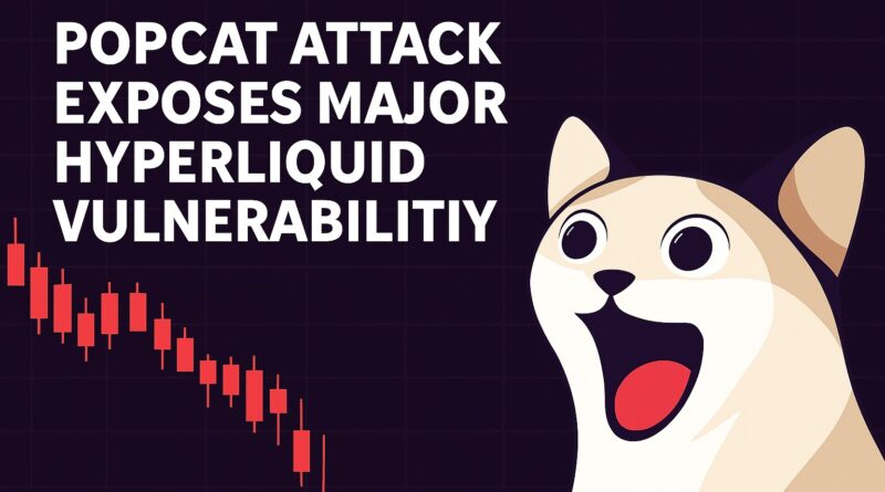 Popcat Attack: Centered cinematic 16:9 illustration of a cracked HLP Vault spilling coins, collapsing red price chart, dissolving buy wall, Popcat character, multi-wallet trader, and Emergency Lock.