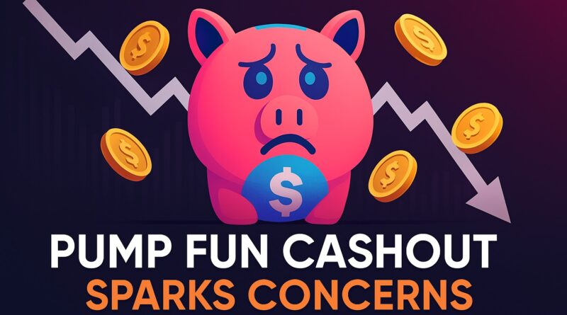 Pump Fun Cashout: distressed piggy bank with coins flowing out, a downward trend line and alarm siren, centered to show a $436M stablecoin transfer and memecoin market slowdown.