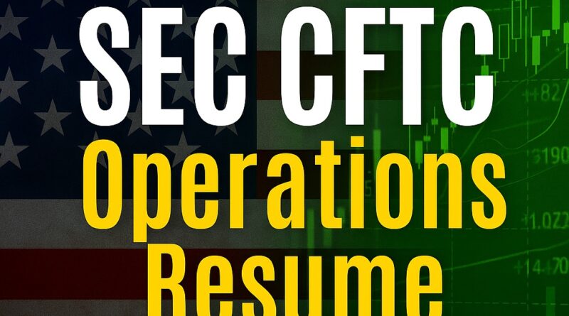 SEC CFTC Operations: Editorial photo-illustration of two government buildings labeled SEC and CFTC with staff returning carrying folders and laptops; stacks of paperwork stamped PENDING; overlaid financial charts and crypto icons; a clock and flipping calendar signaling backlog clearing; hopeful morning light.