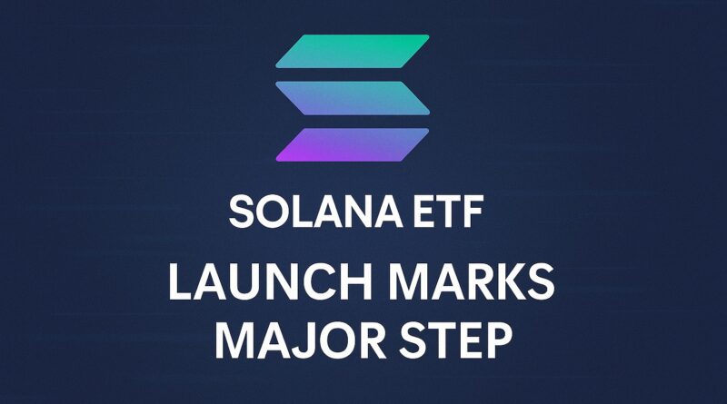 Solana ETF centered feature image showing stylized SOL and DOGE coins, neon upward-trending chart, ETF badge, and staking icon on a dark navy-to-charcoal gradient background.