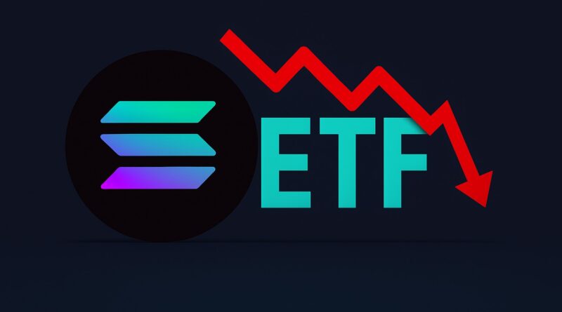 Solana ETFs strong institutional inflows vs falling SOL price, Solana logo left and bold "ETF" with a red downward chart on a dark blue background