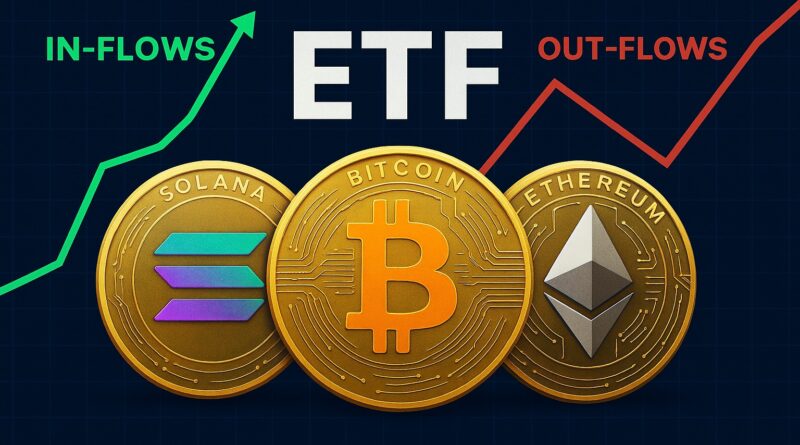 Solana ETFs showing three digital coins (Solana, Bitcoin, Ethereum) with a background chart highlighting inflows into Solana and outflows from Bitcoin and Ether.