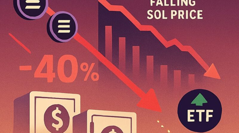 Solana Treasuries decline visualized by falling SOL tokens, red price chart, and institutional treasury icons.