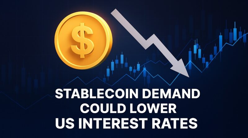 Stablecoin Demand: gold dollar-style stablecoin hovering above stacks of simplified US Treasury bills, connected by blockchain nodes, with a downward red arrow and central bank silhouette against a faint world map.