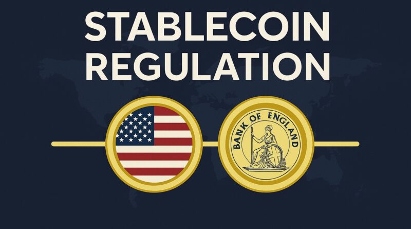 Stablecoin Regulation: Two gold coin icons representing the United States and the Bank of England connected by a gold line over a dark blue world map background.