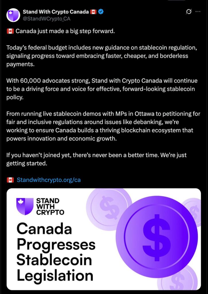 Stand With Crypto Canada celebrates progress on Stablecoin Regulation in the 2025 federal budget, highlighting advocacy for fair, inclusive blockchain policies and innovation.