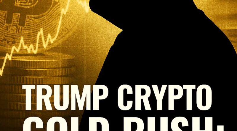 Trump Crypto silhouette against a gold Bitcoin backdrop with a rising line graph and bold headline "$800M REVELATION"