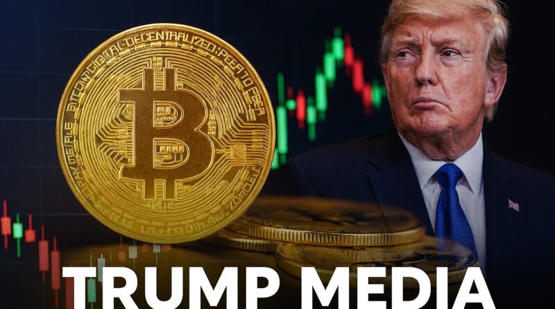 Trump Media Bitcoin: large gold Bitcoin coin in foreground, smartphone showing a generic social feed to the right, stacked digital tokens to the left, candlestick chart with red downward trend and falling bar graphs in the background, muted newsroom and corporate silhouettes conveying crypto holdings and financial losses.