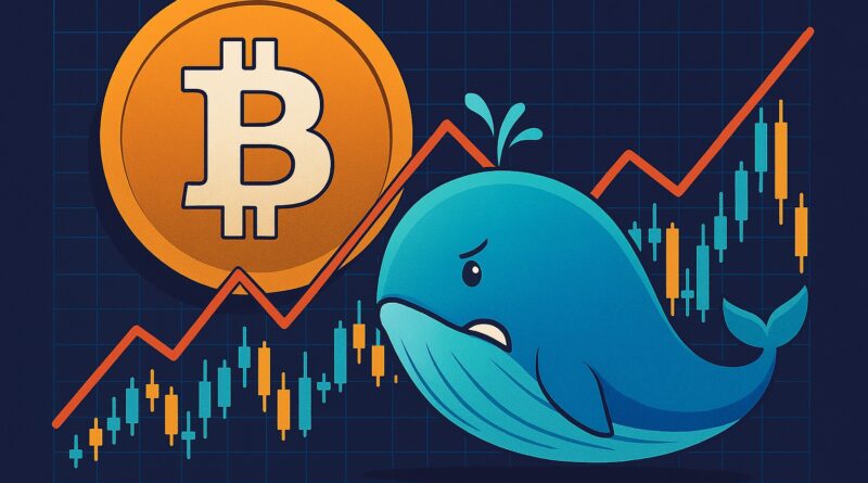Whale Accumulation - stylized whale made of stacked golden Bitcoin coins pushing against a translucent resistance band labeled 106K–118K; green accumulation arrows left; red sell arrows and exchange crates right; numeric callout 45,000 BTC; navy background; editorial 16:9.