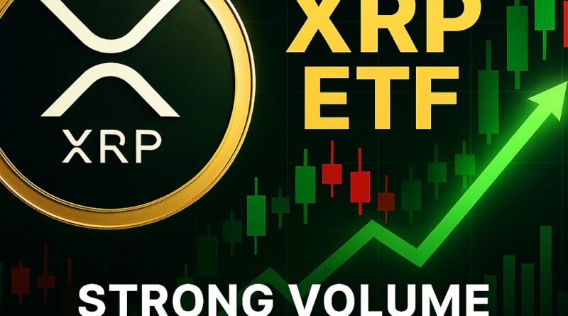 XRP ETF: stylized XRP coin with metallic gold rim in foreground; tall green volume bars and a flat-to-slightly-declining price line on a blurred trading-screen background; cool blue and purple palette with gold highlights and negative space for headline.