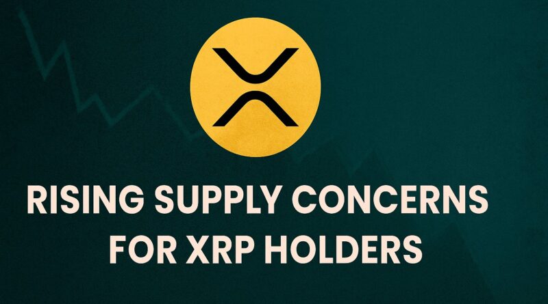 XRP Supply distressed market graphic with centered headline "XRP Supply Concerns: 41% Held at a Loss"; stylized coin labeled XRP; downward red arrow and jagged price line; wallet and node icons; subtle recovery sparkles on a dark gradient background.