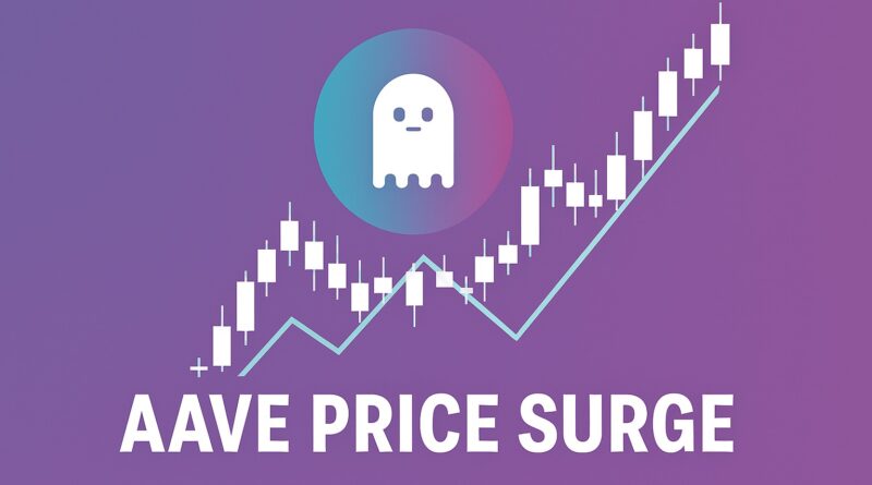 Aave Price Surge - centered graphic showing an upward-trending candlestick chart, large upward arrow, stylized token glyph, and headline against a deep blue–purple gradient.