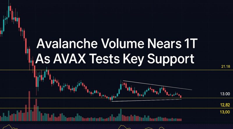 Avalanche Volume near 1T - centered headline with stylized mountain, large semi‑transparent “1T” watermark, ascending volume bars, flowing transaction nodes, candlestick chart and RSI line, and the subtitle “AVAX Tests Key Support 12.82–13.00.”