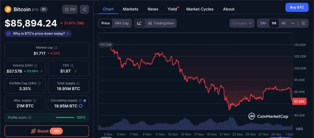 Bitcoin Dip displayed on a one-month Bitcoin price chart showing recent volatility and the sharp decline leading into the latest market downturn.