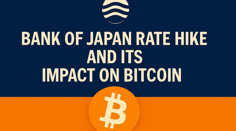 Bank of Japan rate hike visual showing a gold Bitcoin coin beside a Bank of Japan building silhouette with an upward red interest-rate arrow and yen carry-trade flow lines, centered headline text.
