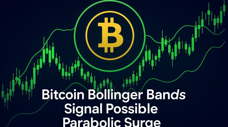 Bitcoin Bollinger Bands - monthly chart showing extreme BandWidth squeeze with centered candlestick chart, neon cyan bands, gold Bitcoin, resistance zone and year-end close target.