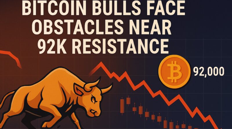 Bitcoin Bulls struggle near 92K resistance: gold Bitcoin coin and charging bull blocked by a red resistance line labeled 92K, with downward red arrows, candlesticks, and a faint S&P 500 overlay centered on a dark blue background.
