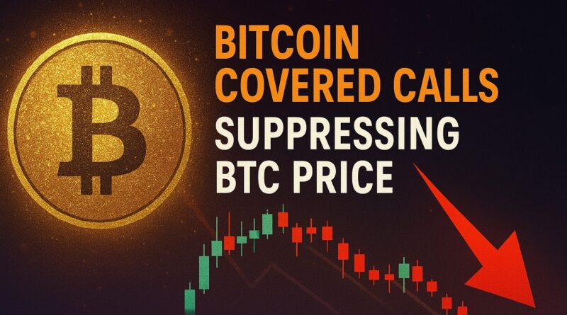 Bitcoin Covered Calls: gold Bitcoin coin centered over a muted financial chart with a tight horizontal trading range, semi-transparent option contract papers behind the coin, and opposing sell and buy arrows showing hedging pressure vs ETF inflows.