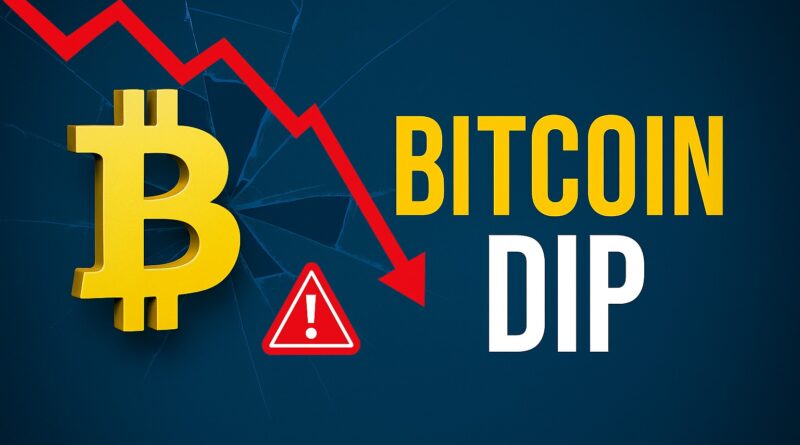 Bitcoin Dip - Dramatic 1500x900 featured image showing a steep red downward Bitcoin price chart with large red candlesticks; plunging line; scattered LIQUIDATION stamps; falling red price tags; centered headline “BITCOIN DIP” with subtext “Massive Liquidations - $539M; 180k traders”; “Weekend crash; 5% drop to $86,950”.