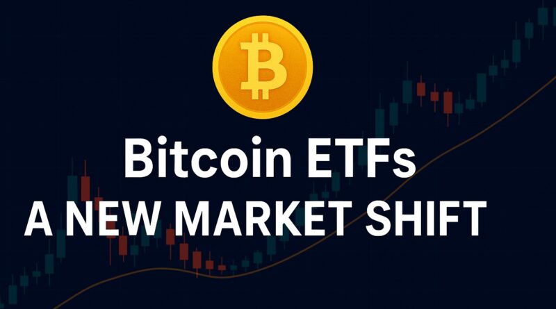 Bitcoin ETFs dominate a centered composition: large gold Bitcoin symbol, ETF inflow arrows toward institutional boxes, subdued altcoin icons and small retail silhouettes, candlestick chart and labeled 20/50/100 EMA lines in the dark gradient background.