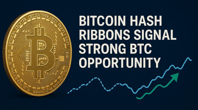 Bitcoin Hash Ribbons centered graphic showing a gold Bitcoin coin with two crossing ribbons (gold and teal) representing 30-day and 60-day hashrate averages, a subtle hashrate line chart rising after the crossover, and centered headline text "Hash Ribbons" with subheadline "Buy Signal: Miner Recovery".