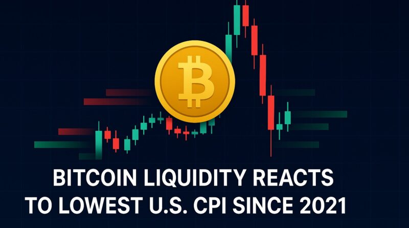 Bitcoin Liquidity: centered gold Bitcoin coin over faint candlestick chart, highlighted liquidity zones, red and green arrows, and headline 'Bitcoin Liquidity Reacts to Lowest US CPI Since 2021' with subtitle 'US CPI 2.7% - Liquidity Hunt & Volatility'.