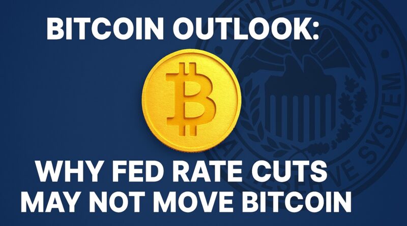 Bitcoin Outlook - Golden Bitcoin coin centered against a deep navy-to-charcoal gradient with a muted Federal Reserve silhouette and a sideways line chart; headline and subtitle centered in bold white text.