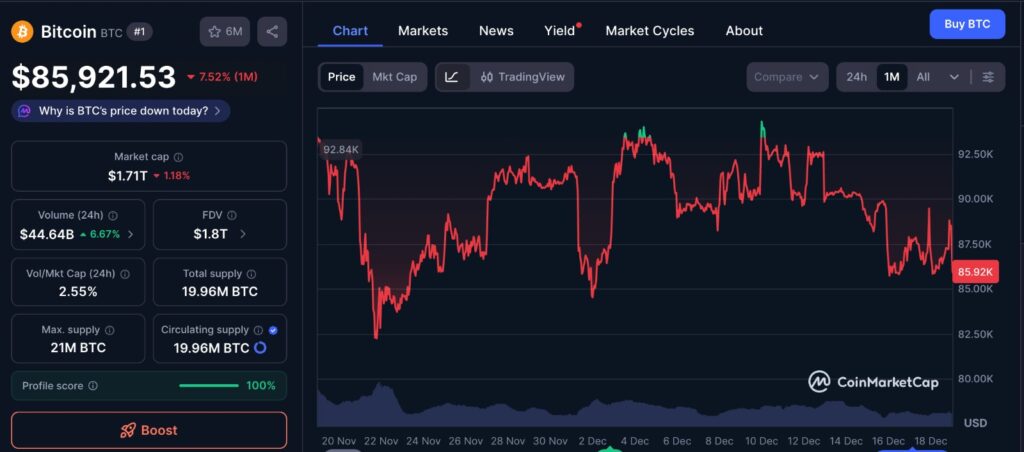 Bitcoin Liquidity reflected in BTC price chart showing one month price movement and increased volatility after US CPI data
