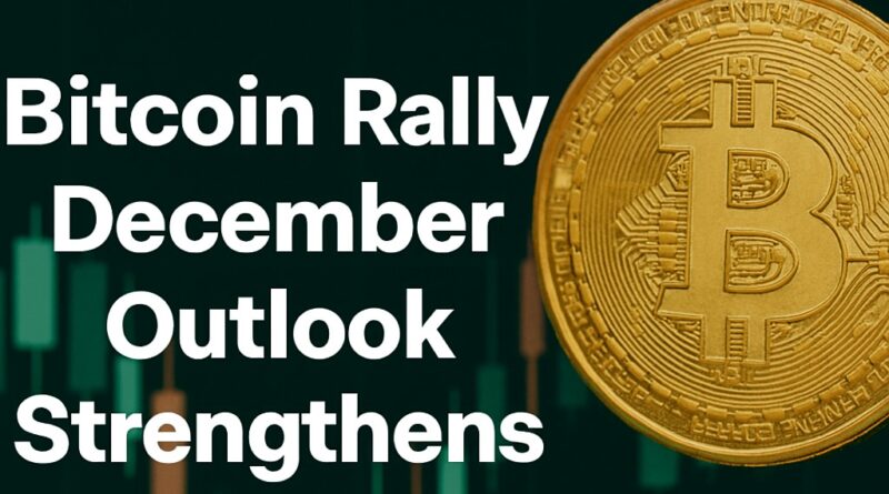 Bitcoin Rally - gold Bitcoin coin, upward arrow, faint candlestick chart and liquidity heatmap, centered headline “Bitcoin Rally” with subtitle “December Outlook Strengthens”.