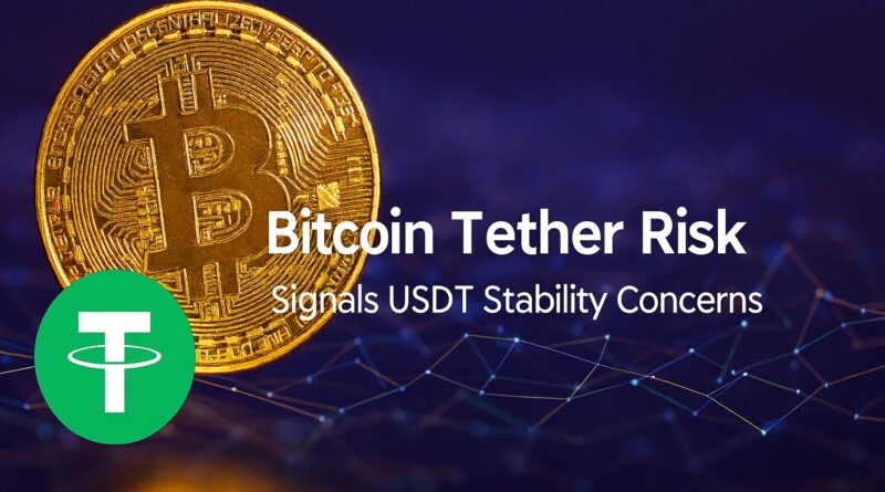 Bitcoin Tether Risk: overlapping Tether and Bitcoin coins with stacked gold bars, a red downward arrow, jagged volatility line, S&P Downgrade stamp, and a warning triangle centered on a dark financial grid background.