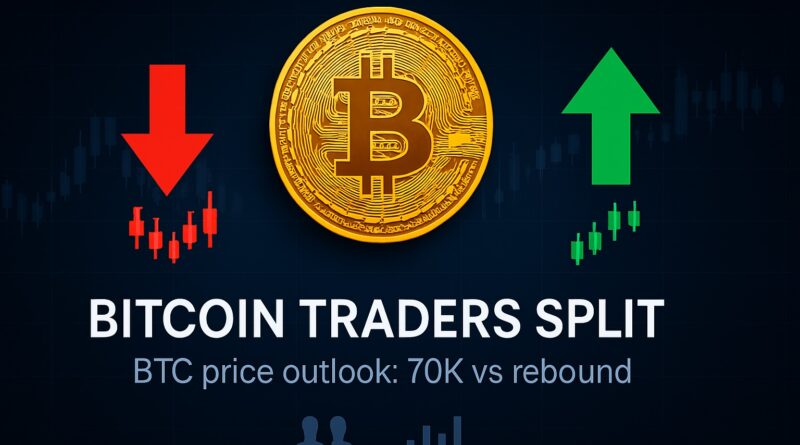 Bitcoin Traders Split - centered gold Bitcoin coin with a red downward arrow and green upward arrow over a dark candlestick-chart background, headline "Bitcoin Traders Split" and subheadline "BTC price outlook: 70K vs rebound".