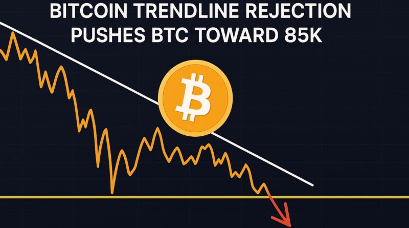 Bitcoin Trendline Rejection: large gold Bitcoin logo centered with a descending white trendline rejection marked by a red arrow and price approaching $85,000, red bearish candles on the right and green accumulation bars on the left, dark navy grid background.