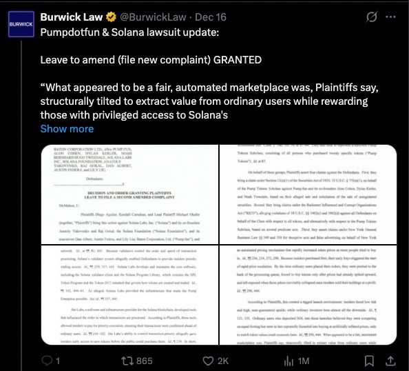 Solana memecoins lawsuit update showing Burwick Law tweet discussing court approval to amend the Pump.fun and Solana complaint