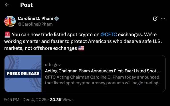 Caroline Pham announces approval for spot crypto trading on US Crypto Exchanges in a public post, emphasizing safer regulated markets for American investors.