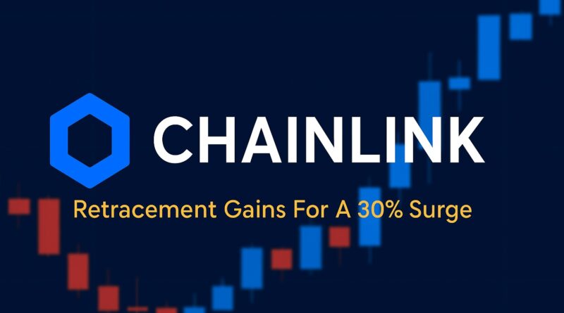 Chainlink: 1500x900 feature image showing a candlestick mini-chart with a sharp drop and ~30% rebound, a muted-red resistance band labeled 15.00–16.60, support lines 11.74 and 10.94, OBV and RSI panels with a noted bearish divergence, and a faint liquidity heatmap between 13.60–15.00; centered headline reads "Chainlink Recovery +30% - Upside Limited".