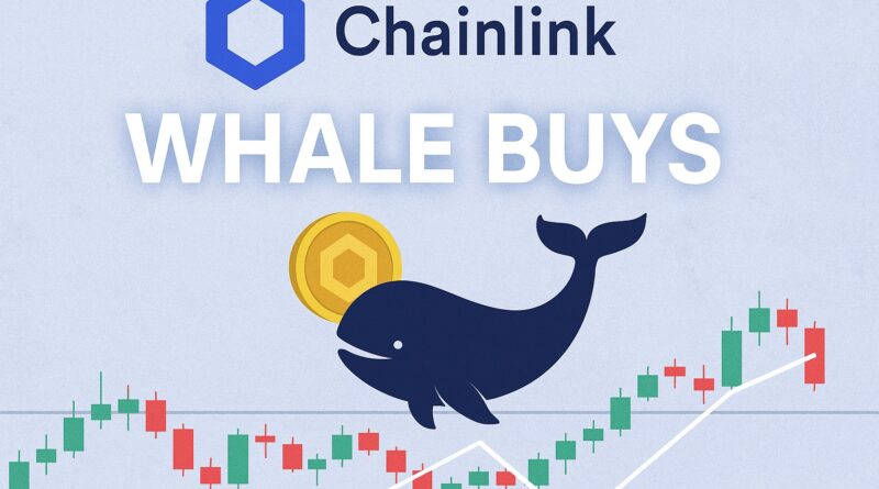 Chainlink whale buys: stylized whale silhouette behind stacked LINK coins with a candlestick chart showing consolidation and labeled Support $12 (green) and Resistance $14 (red).