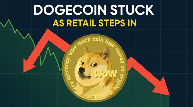 Dogecoin stuck: central Dogecoin coin with a declining line chart, whale silhouette leaving, retail traders clustered, $0.13 price and $0.15 support highlighted